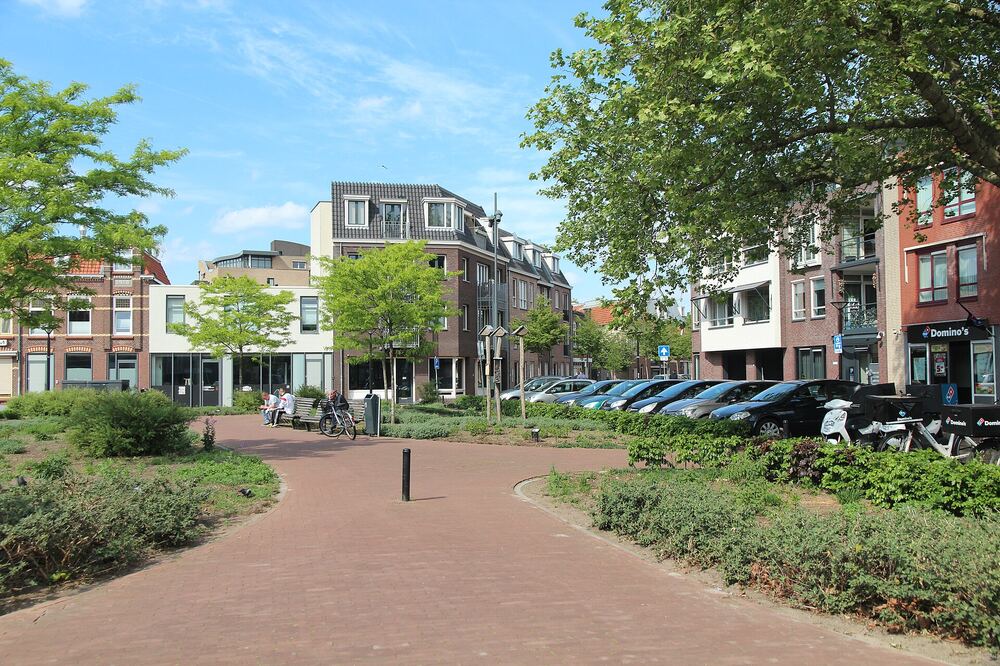 Een pad door het parkje aan de Oostwal in Oss, met bomen en bebouwing erachter